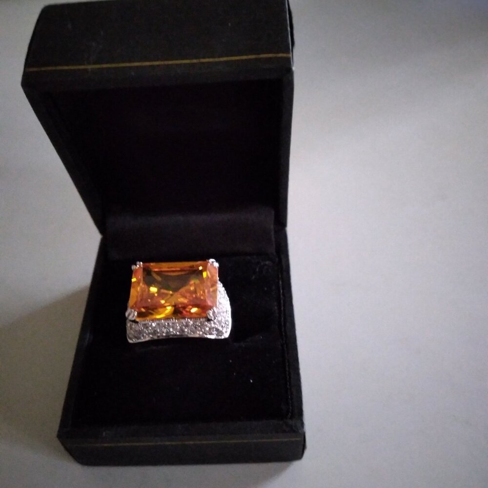 Amber Topaz & Pave Diamonique 14 Carat Wide Band 925 Silver Ring